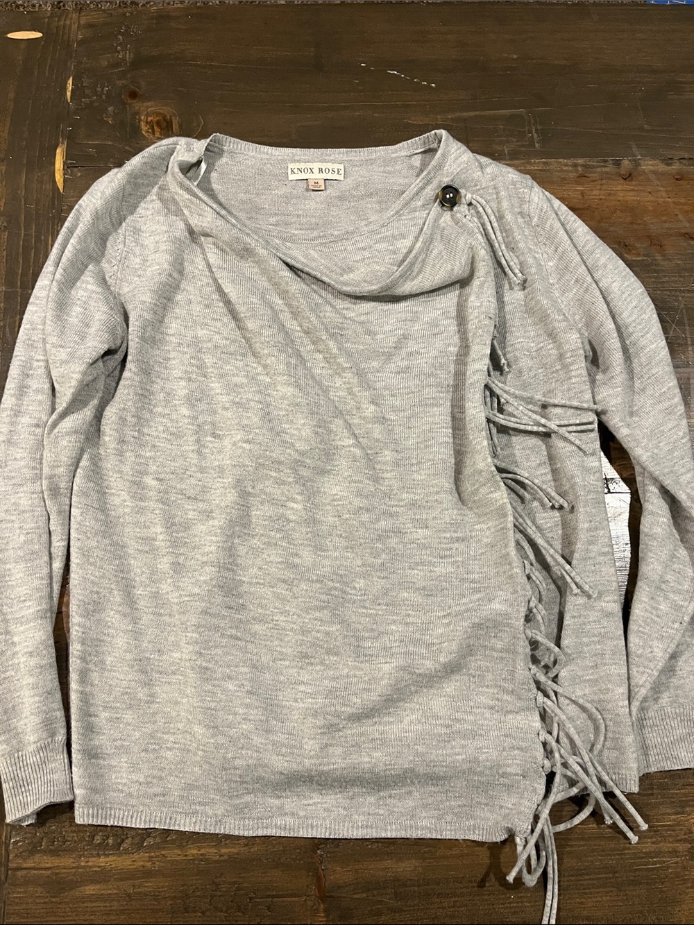 Knox Rose Light Gray Boat-Neck Pullover with Fringe Trim